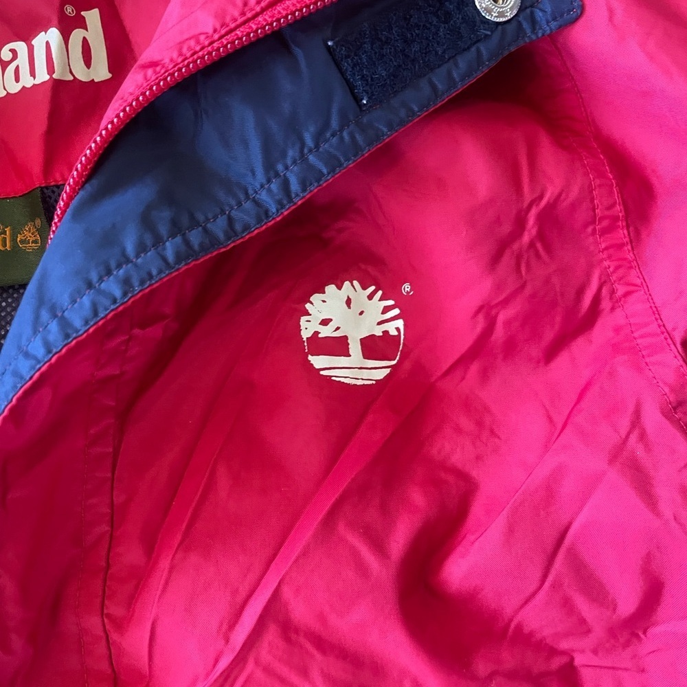 Timberland Kids Red and Navy Lightweight Removable Hood Jacket Size 4 - Picture 3 of 10